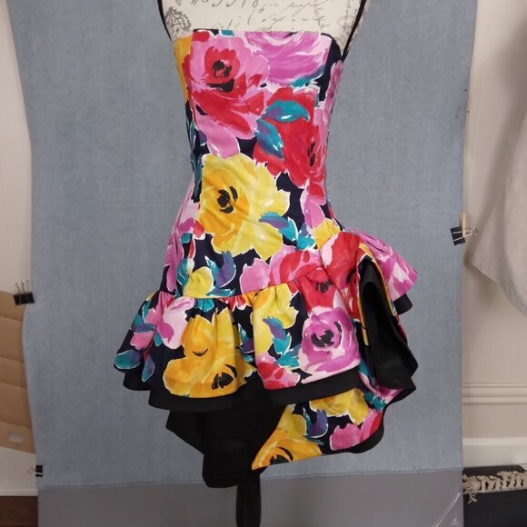 Lillie Rubin | 80's Bold Floral Strapless Party Dress | Size 10 - Picture 2 of 14